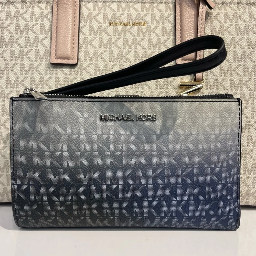 MICHAEL KORS Jet Set Lg Ombré Signature Logo Double Zip Wristlet Phone Hd Wallet